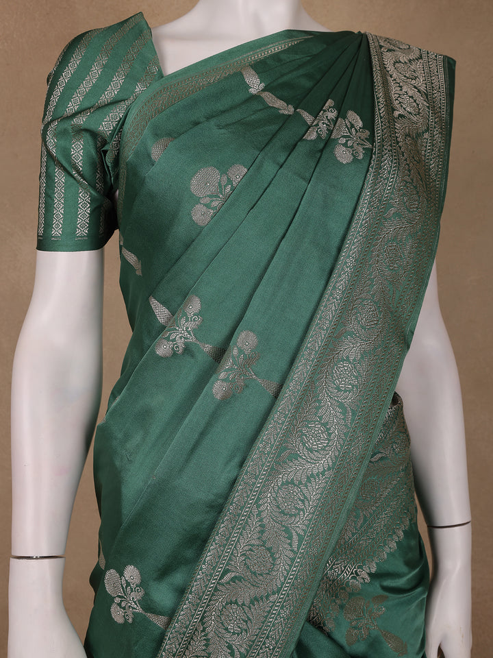 Bottle Green Floral Design Tussar Silk Saree - Diadem