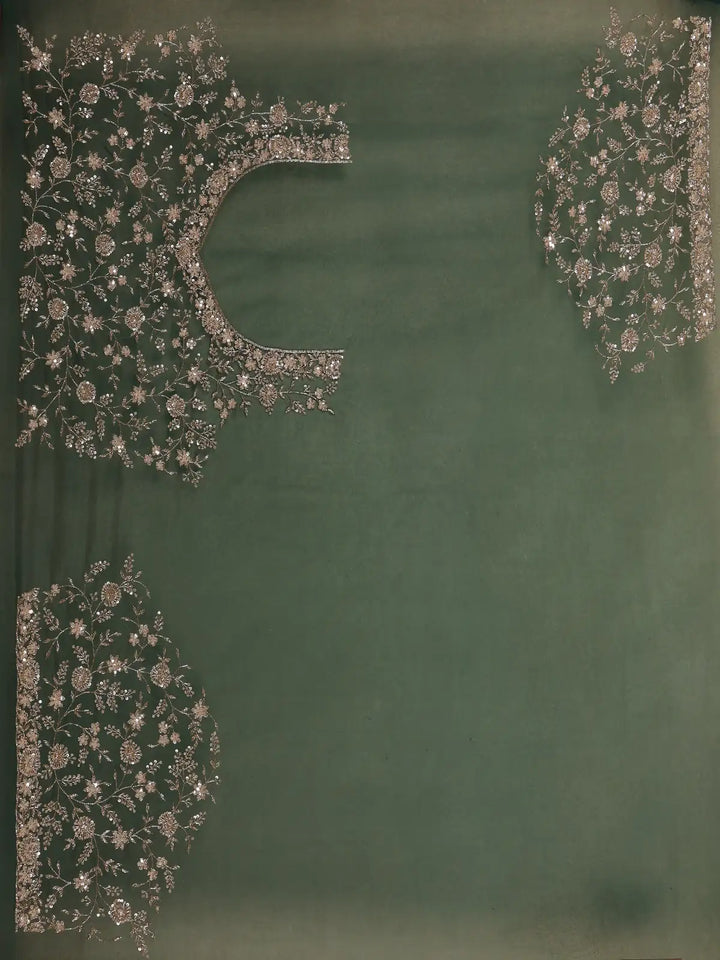 Bottle Green Floral Embroidered Net Saree - Diadem