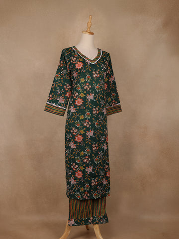 Bottle Green Floral Printed Cotton Salwar Suit - Diadem