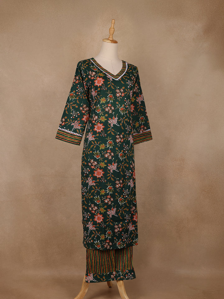 Bottle Green Floral Printed Cotton Salwar Suit - Diadem
