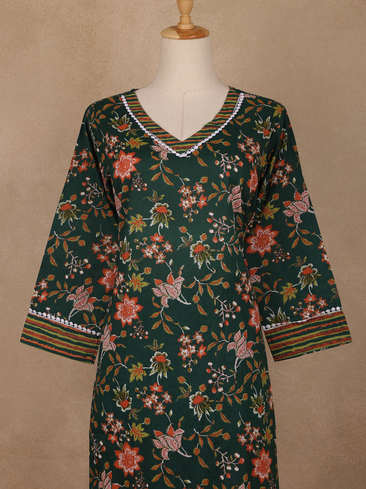 Bottle Green Floral Printed Cotton Salwar Suit - Diadem
