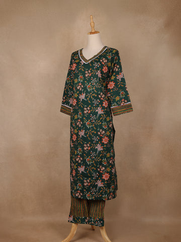 Bottle Green Floral Printed Cotton Salwar Suit - Diadem