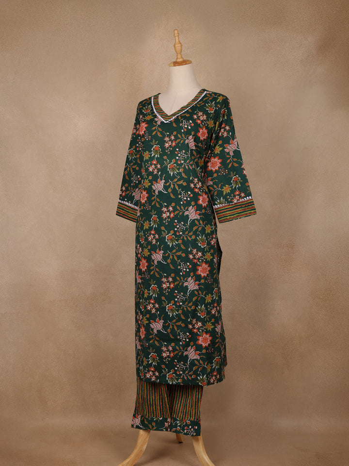 Bottle Green Floral Printed Cotton Salwar Suit - Diadem