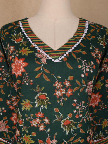 Bottle Green Floral Printed Cotton Salwar Suit - Diadem