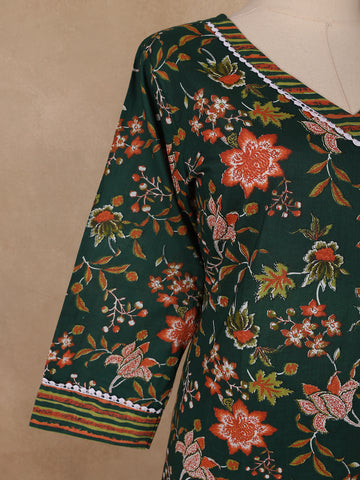 Bottle Green Floral Printed Cotton Salwar Suit - Diadem