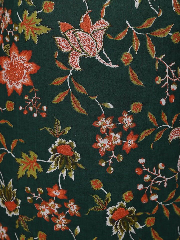 Bottle Green Floral Printed Cotton Salwar Suit - Diadem