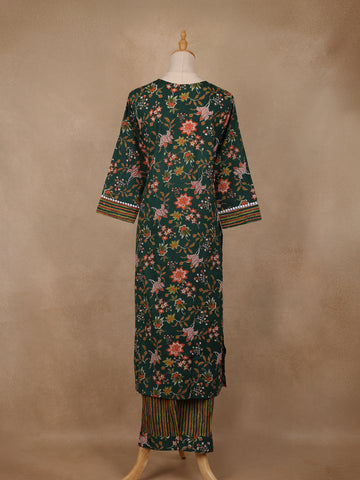 Bottle Green Floral Printed Cotton Salwar Suit - Diadem