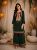 Bottle Green Floral Thread Embroidered Design Cotton Straight Cut Salwar Suit