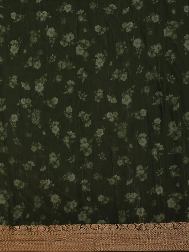 Bottle Green Floral Woven Tussar Silk Saree - Diadem