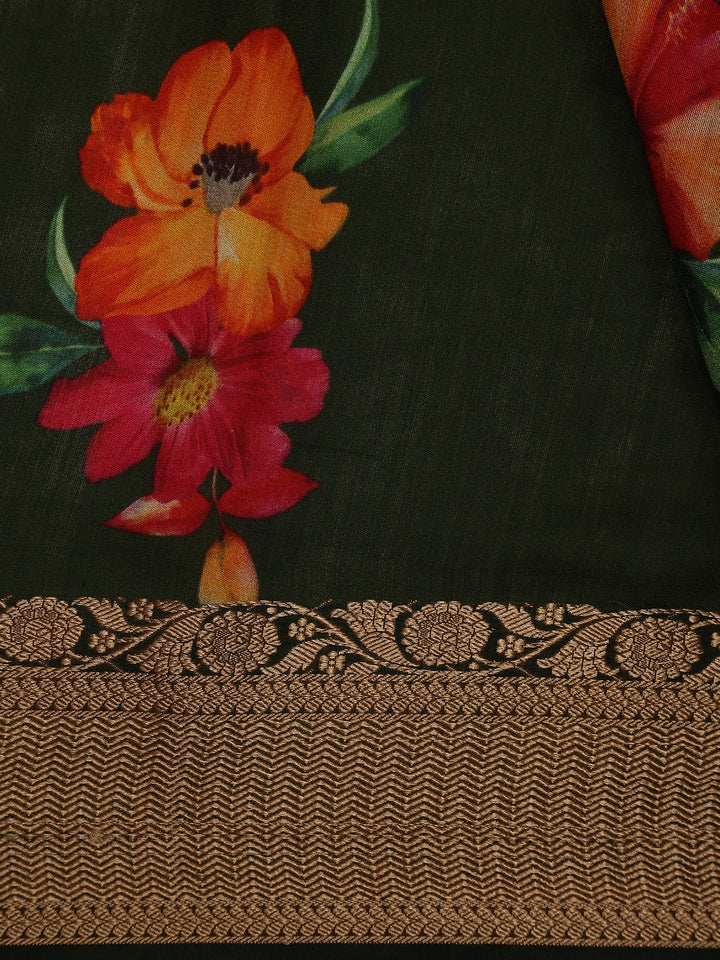 Bottle Green Floral Woven Tussar Silk Saree - Diadem