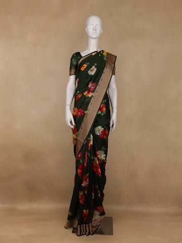 Bottle Green Floral Woven Tussar Silk Saree - Diadem