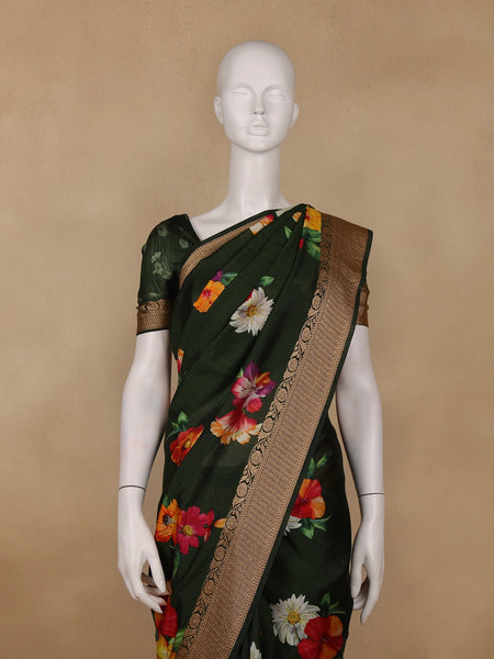 Bottle Green Floral Woven Tussar Silk Saree - Diadem
