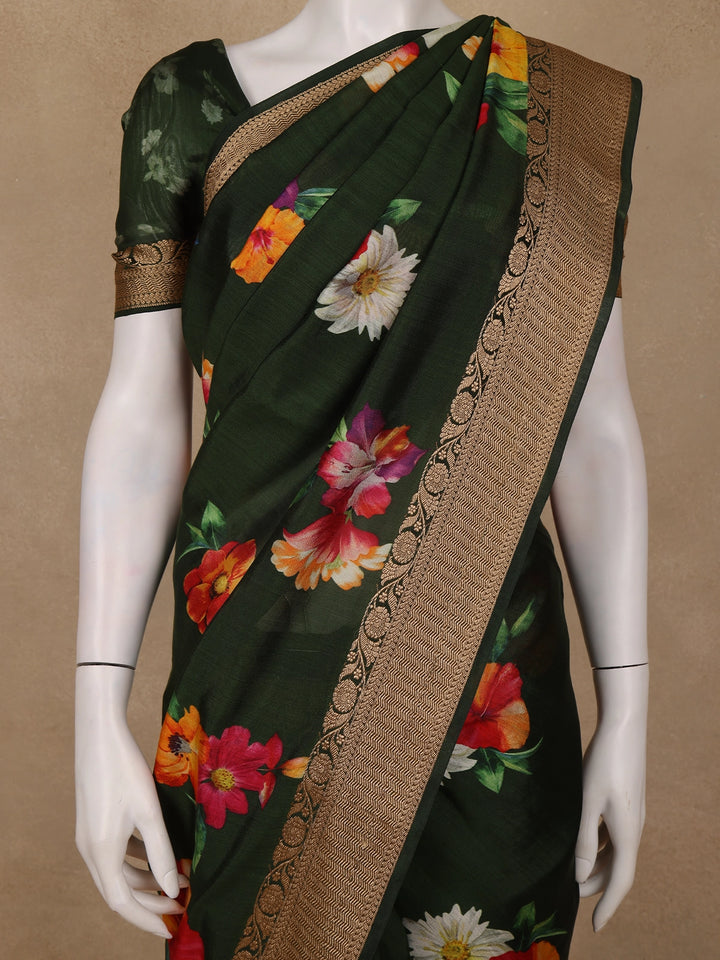 Bottle Green Floral Woven Tussar Silk Saree - Diadem