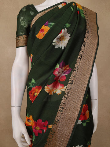 Bottle Green Floral Woven Tussar Silk Saree - Diadem