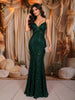 Bottle Green Heavy Sequins Embroidered Design Sequins Fabric Party Wear Fish Cut Gown with Draped Beaded Shoulder Chains