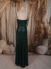 Bottle Green Heavy Sequins Embroidered Design Sequins Fabric Party Wear Fish Cut Gown with Draped Beaded Shoulder Chains