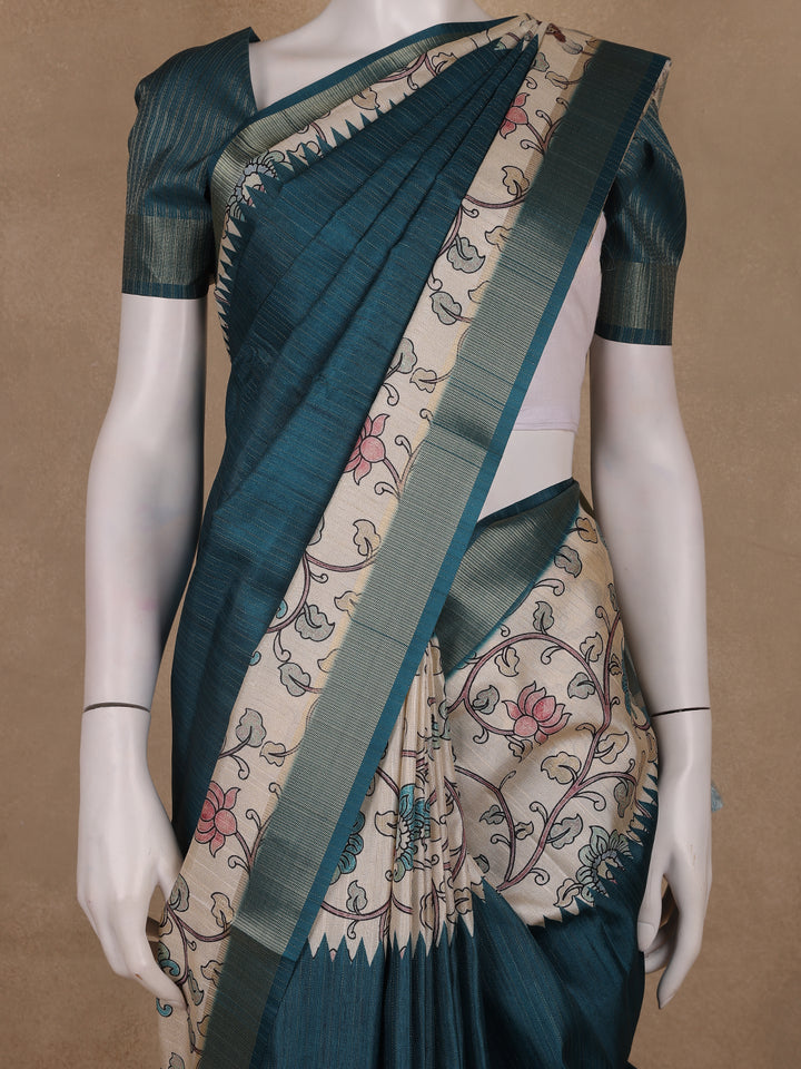 Bottle Green Kalamkari Design Floral Printed Cotton Saree - Diadem