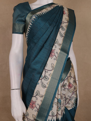 Bottle Green Kalamkari Design Floral Printed Cotton Saree - Diadem