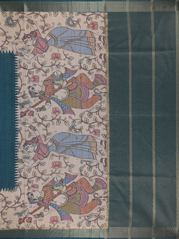 Bottle Green Kalamkari Design Floral Printed Cotton Saree - Diadem