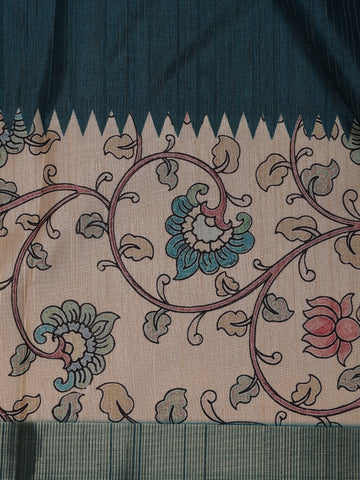 Bottle Green Kalamkari Design Floral Printed Cotton Saree - Diadem