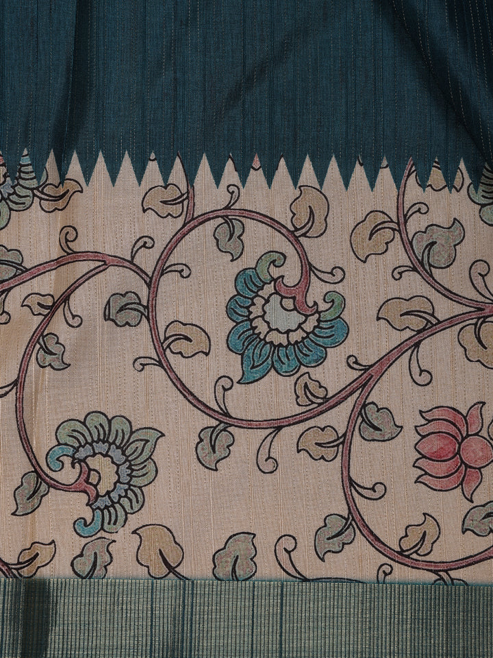 Bottle Green Kalamkari Design Floral Printed Cotton Saree - Diadem