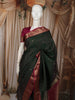 Bottle Green Mini Checked Zari Woven Design Pure Kanchipuram Silk Saree with Contrast Zari Border