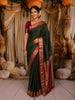 Bottle Green Mini Checked Zari Woven Design Pure Kanchipuram Silk Saree with Contrast Zari Border