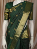 Bottle Green Mini Check with Peacock Butt Zari Woven Design Pure Kanchipuram Silk Saree with Zari Border