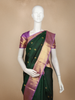 Bottle Green Peacock Butta Woven Pure Kanchipuram Silk Saree with Contrast Purple Zari Border