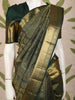 Bottle Green Peacock and Checked Zari Woven Design Pure Kanchipuram Silk Saree with Zari Border