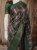 Bottle Green Vertical stripes Woven Design Semi Silk Festive Saree with Zari Border