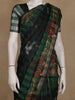 Bottle Green and Black Checked Floral Design Cotton Saree