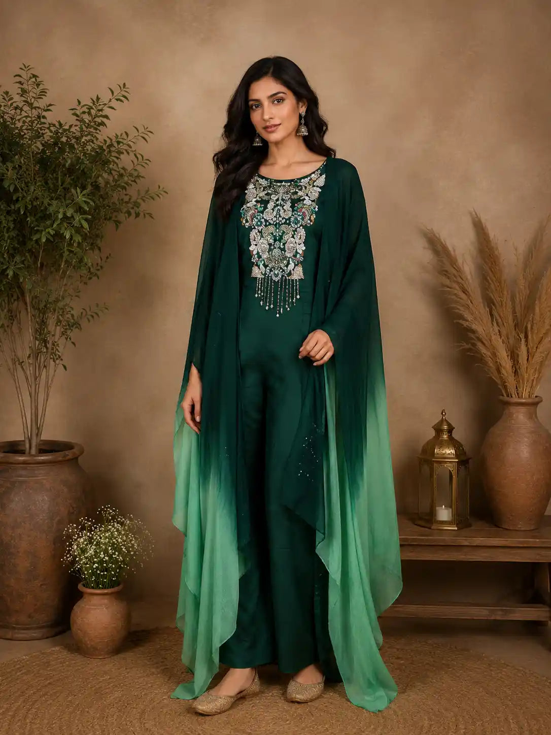Bottle Green Beads and Stones Embroidered Design Chiffon Crop Top with Palazzo Suit
