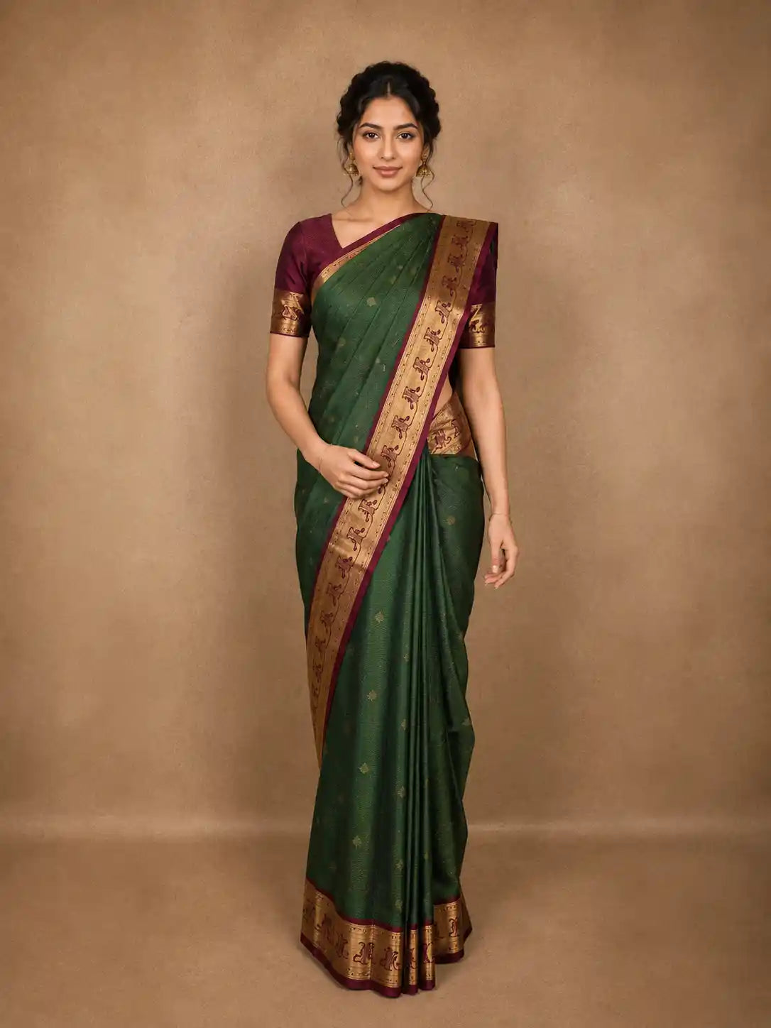 Bottle Green  Butta Woven Design Kanchipuram Silk Saree with Zari Border