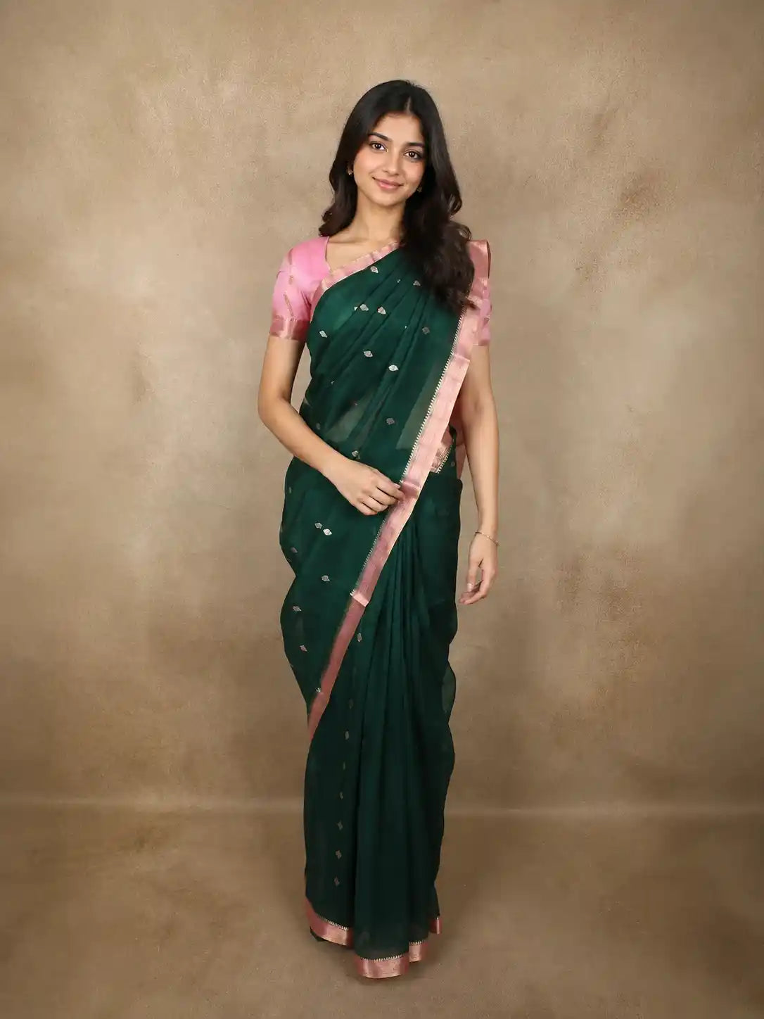 Bottle Green Butta Zari Woven Design Pure Banarasi Silk Saree with Contrast Zari  Border
