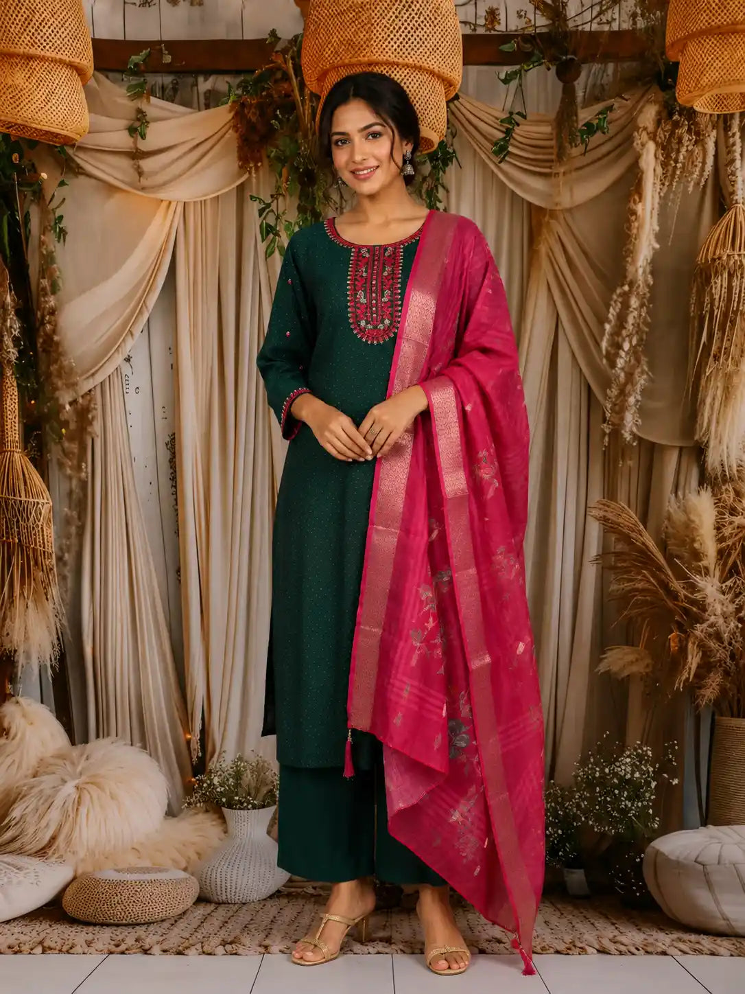 Bottle Green Floral Design Cotton Straight-Cut Salwar Suit with Floral Dupatta