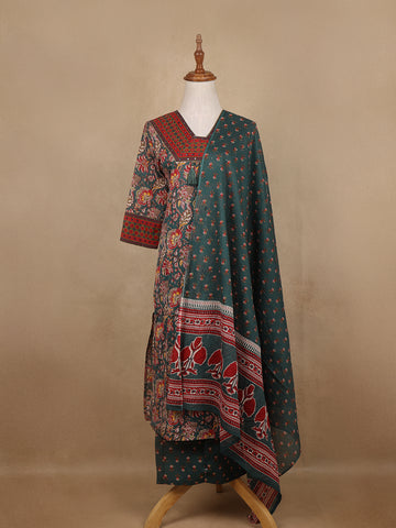 Bottle Green Floral Design Printed Cotton Salwar Suit - Diadem