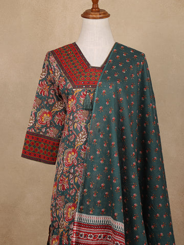 Bottle Green Floral Design Printed Cotton Salwar Suit - Diadem