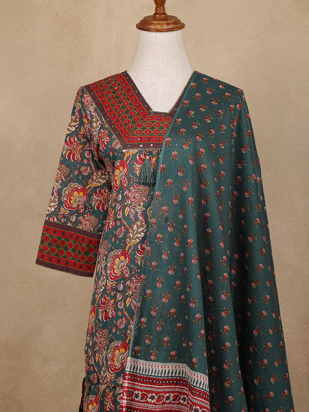 Bottle Green Floral Design Printed Cotton Salwar Suit - Diadem