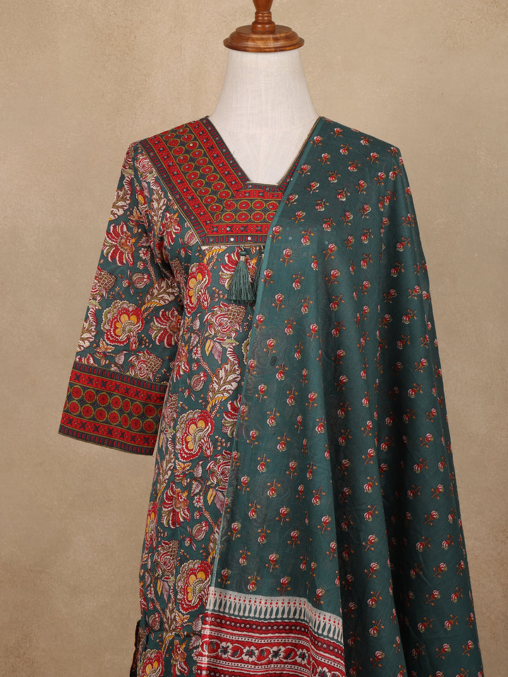 Bottle Green Floral Design Printed Cotton Salwar Suit - Diadem