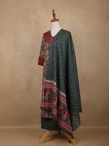 Bottle Green Floral Design Printed Cotton Salwar Suit - Diadem