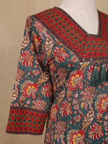 Bottle Green Floral Design Printed Cotton Salwar Suit - Diadem