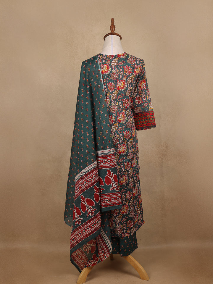 Bottle Green Floral Design Printed Cotton Salwar Suit - Diadem