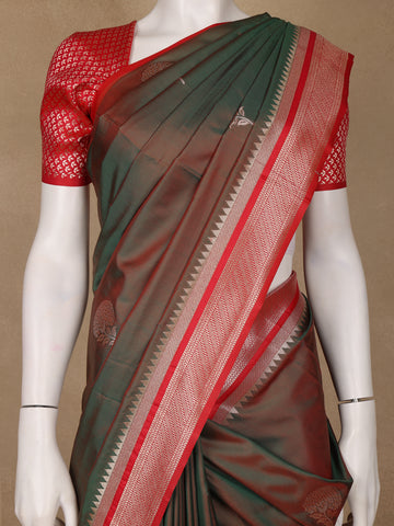 Bottle Green Floral Design Silk Saree - Diadem