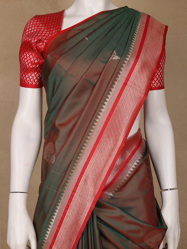 Bottle Green Floral Design Silk Saree - Diadem