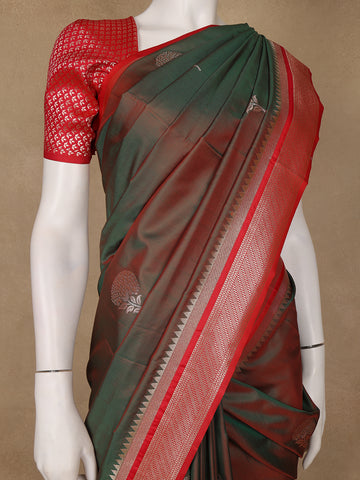Bottle Green Floral Design Silk Saree - Diadem