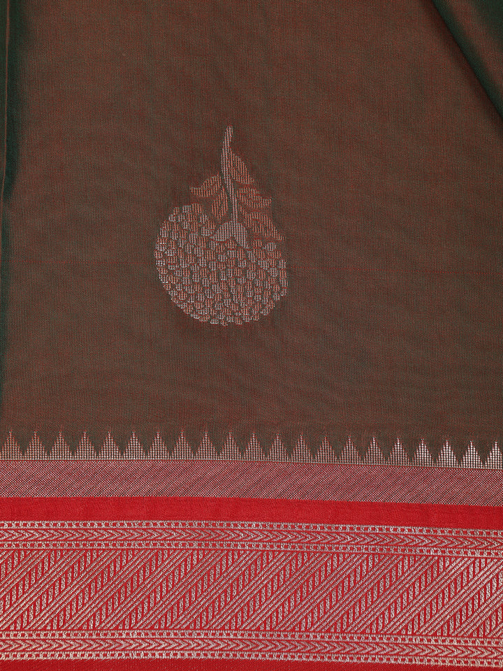 Bottle Green Floral Design Silk Saree - Diadem