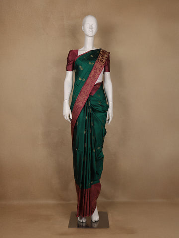Bottle Green Floral Design Woven Soft Silk Saree - Diadem