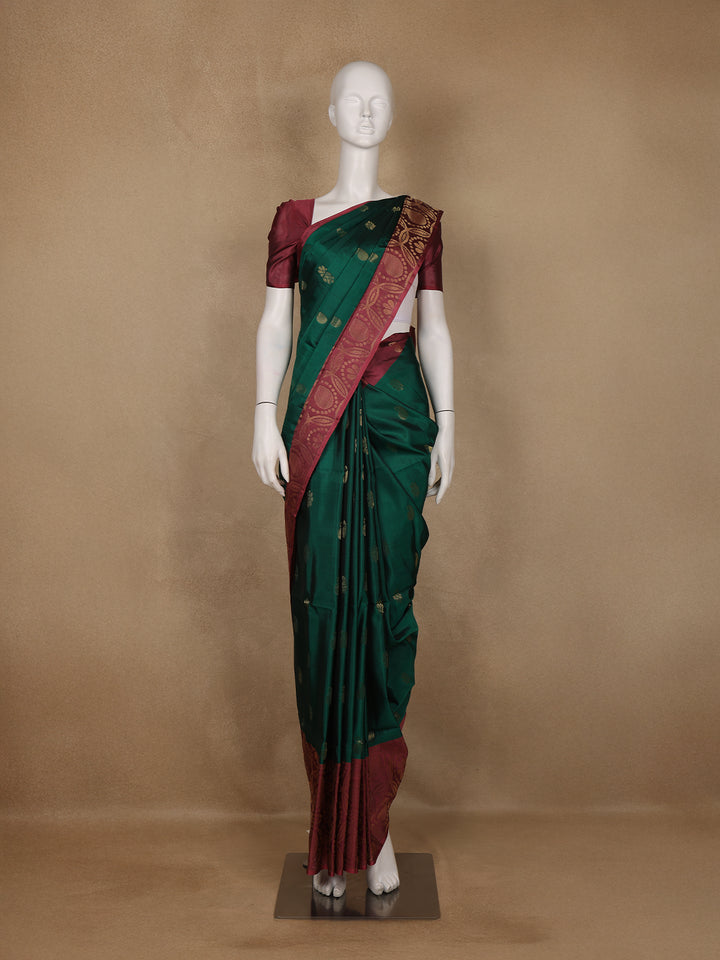 Bottle Green Floral Design Woven Soft Silk Saree - Diadem