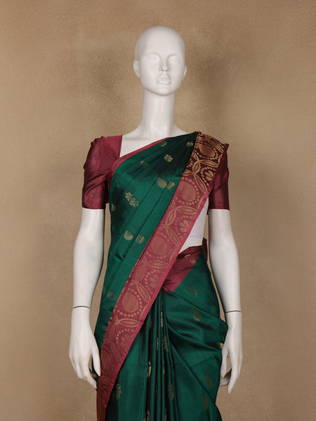 Bottle Green Floral Design Woven Soft Silk Saree - Diadem